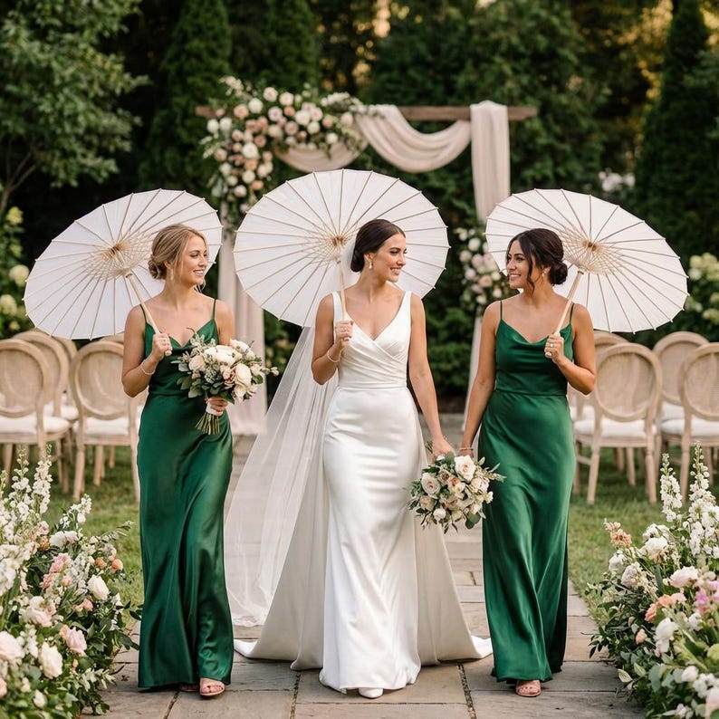 May include: A bride in a white gown walks with two bridesmaids in emerald green dresses. Each woman holds a bouquet and a white parasol. The wedding party is outdoors, with floral arrangements and seating visible.