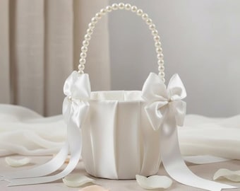 Flower Girl Basket with Pearl Handle, Satin Wedding Basket, Bridal Ceremony Petal Basket, Wedding Decor, Wedding Ceremony Suppliers