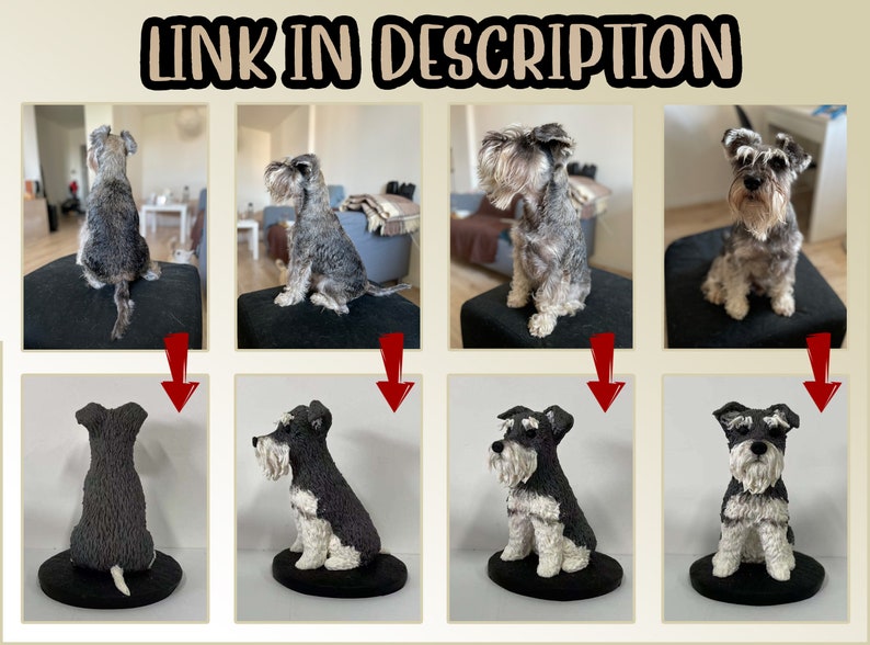 May include: A side-by-side comparison of a miniature schnauzer dog and a custom-made ceramic figurine of the dog. The figurine is a realistic representation of the dog, capturing its unique features and markings.
