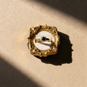 Velvet ring holder with vintage gold frame, engagement ring display. Ring box in multiple colors for wedding and jewelry photography