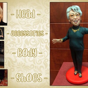 May include: A custom-made figurine of a person with gray hair, wearing a black shirt, black pants, and gold jewelry. The figurine is standing on a red base and has a hand raised in a wave.