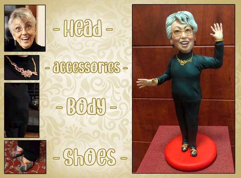 May include: A custom-made figurine of a person with gray hair, wearing a black shirt, black pants, and gold jewelry. The figurine is standing on a red base and has a hand raised in a wave.