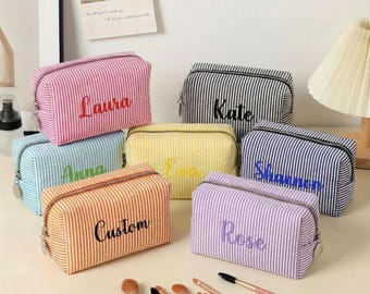 Personalized Seersucker Cosmetic Bag, Custom Embroidered Makeup Pouch, Bridesmaid Gift