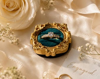 Vintage Baroque Velvet Ring Box, Gold Frame Engagement Ring Holder