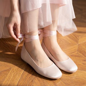 Bridal Ballet Flats with Ribbon Ties, Wedding Shoes for Bride, Soft Satin Flats, Comfortable Bridal Shoes, Minimalist Wedding Footwear