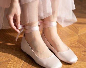 Bridal Ballet Flats with Ribbon Ties, Wedding Shoes for Bride, Soft Satin Flats, Comfortable Bridal Shoes, Minimalist Wedding Footwear