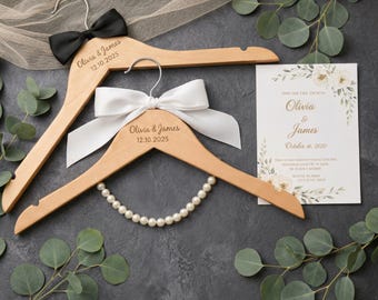 Personalized Wedding Hanger Set, Bride Hanger, Groom Hanger, Custom Name Engraved Dress Hanger, Wedding Gift for Couple