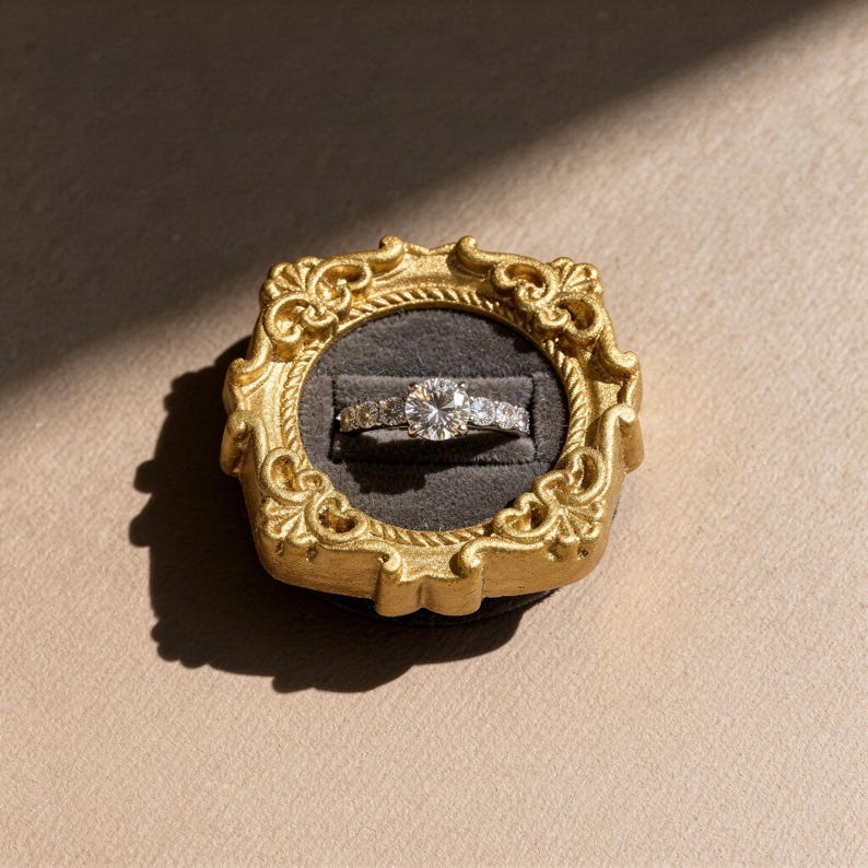 Velvet ring holder with vintage gold frame, engagement ring display. Ring box in multiple colors for wedding and jewelry photography