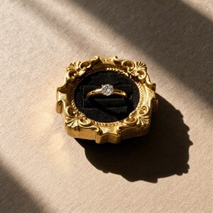 Velvet ring holder with vintage gold frame, engagement ring display. Ring box in multiple colors for wedding and jewelry photography