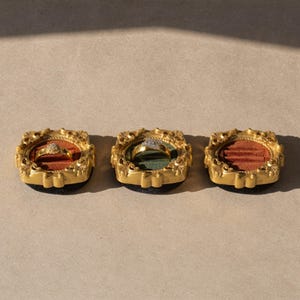 Velvet ring holder with vintage gold frame, engagement ring display. Ring box in multiple colors for wedding and jewelry photography