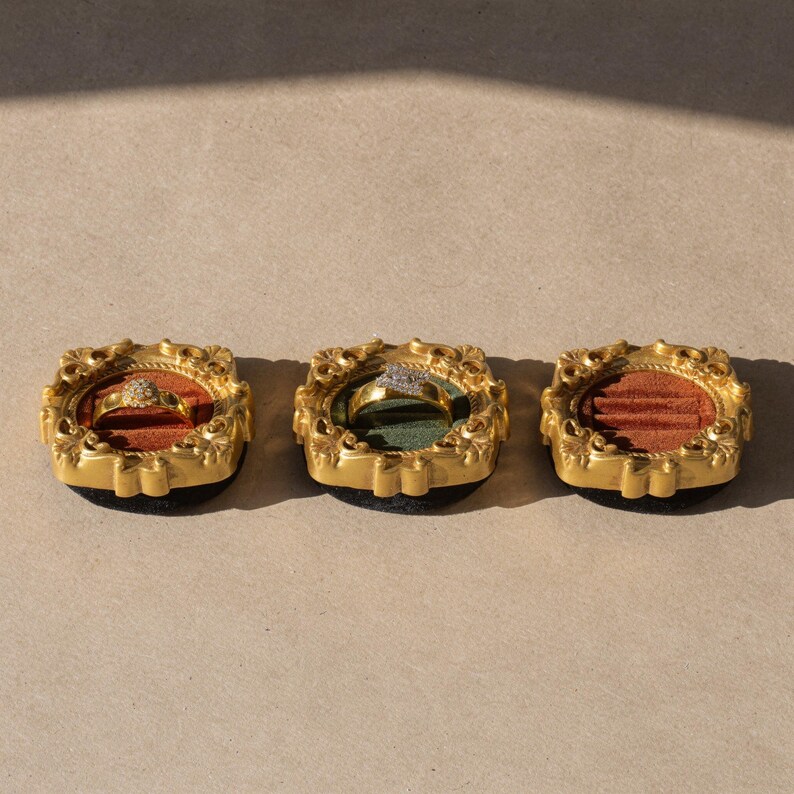 Velvet ring holder with vintage gold frame, engagement ring display. Ring box in multiple colors for wedding and jewelry photography
