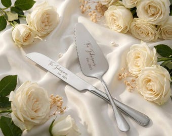 Ensemble de découpe de gâteau de mariage personnalisé, couteau de service en acier inoxydable gravé, cadeau de douche nuptiale