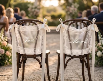 Just Married Tulle Chair Sashes, Elegant Wedding Reception Decor, Lace Chair Back Signs