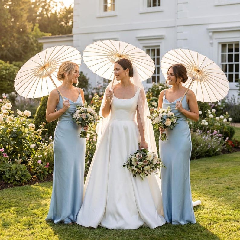 May include: A bride in a white satin wedding gown stands with two bridesmaids in light blue dresses. Each woman holds a bouquet of flowers and a white parasol. The scene is set in a garden with a white building in the background.