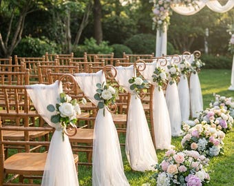 White Tulle Wedding Chair Decor, Eucalyptus Chair Sashes, Gauze Chair Back Drapes, Outdoor Ceremony Aisle Decor, Rustic Wedding Chairs