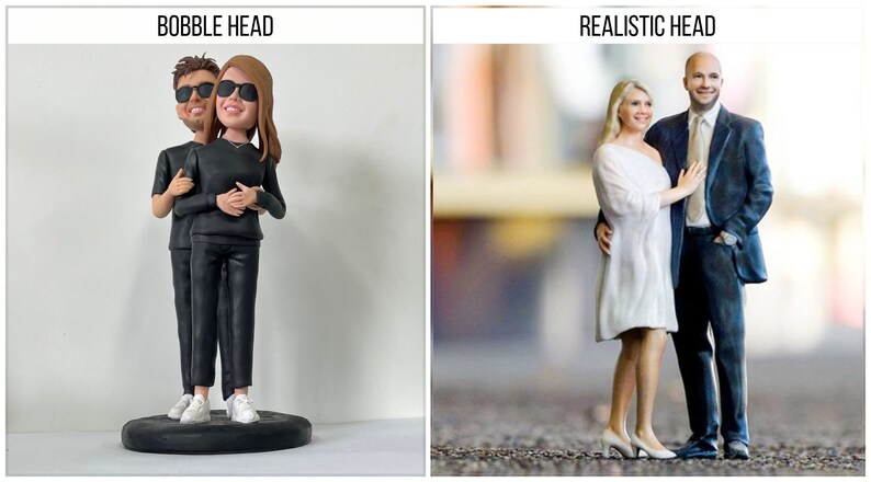 May include: A side-by-side comparison of two 3D printed figurines. The left figurine is a bobblehead style, with exaggerated features and a large head. The right figurine is a realistic style, with more natural proportions. Both figurines are of a couple standing together.