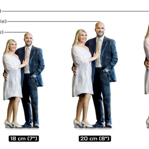 May include: Three different sizes of a custom-made couple figurine. The figurines are made of painted resin and show a man and woman in a wedding pose. The figurines are 7 inches, 8 inches, and 8.6 inches tall.