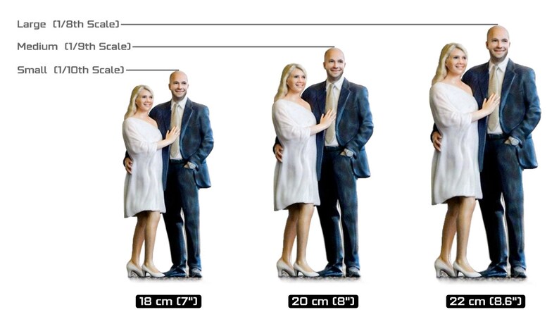 May include: Three different sizes of a custom-made couple figurine. The figurines are made of painted resin and show a man and woman in a wedding pose. The figurines are 7 inches, 8 inches, and 8.6 inches tall.