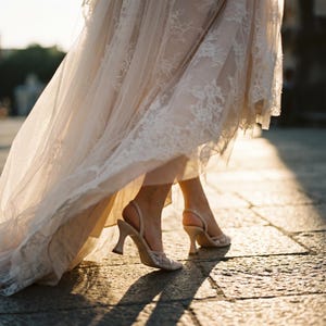 Elegant lace slingback heels with pointed toe and sculpted heel, available in white and black colors, styled in romantic bridal setting with pearls, lace fabric, and floral details for wedding or special occasion wear.