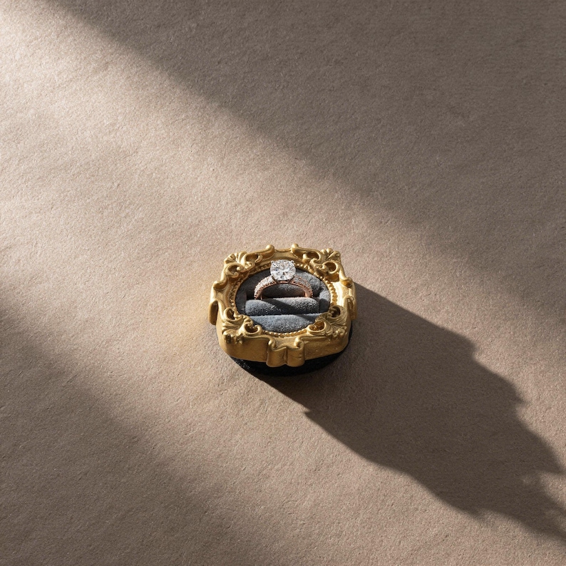 Velvet ring holder with vintage gold frame, engagement ring display. Ring box in multiple colors for wedding and jewelry photography