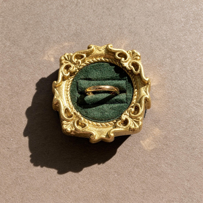 Velvet ring holder with vintage gold frame, engagement ring display. Ring box in multiple colors for wedding and jewelry photography