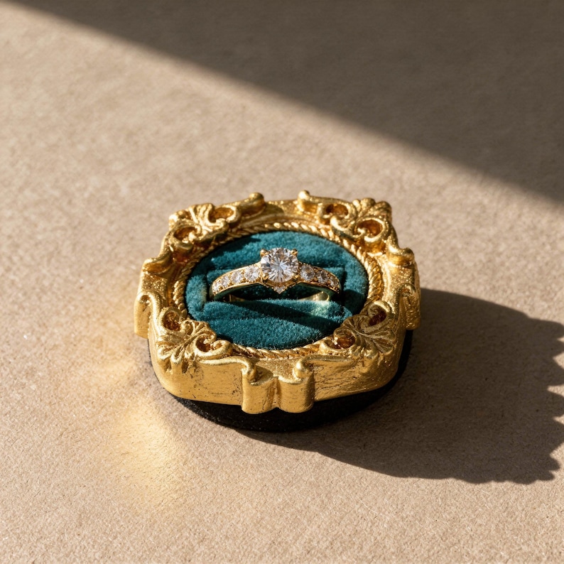Velvet ring holder with vintage gold frame, engagement ring display. Ring box in multiple colors for wedding and jewelry photography