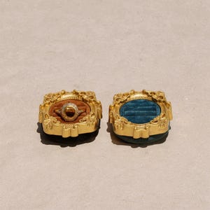 Velvet ring holder with vintage gold frame, engagement ring display. Ring box in multiple colors for wedding and jewelry photography