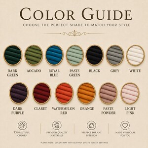 May include: A color guide chart displaying thirteen circular swatches of velvet-textured fabric in various colors including dark green, avocado, royal blue, pastel green, black, grey, white, dark purple, claret, watermelon red, orange, pastel powder, and light pink.