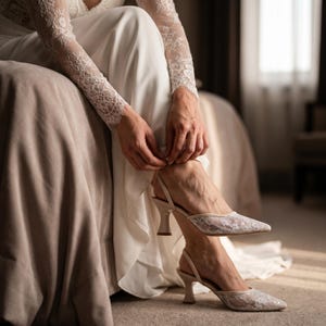 Elegant lace slingback heels with pointed toe and sculpted heel, available in white and black colors, styled in romantic bridal setting with pearls, lace fabric, and floral details for wedding or special occasion wear.