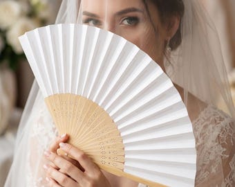 White Folding Hand Fan, Wedding Fan, Bridesmaid Gift, Paper Bamboo Fan, Bridal Shower Favor, Ceremony Fan, Summer Wedding Accessories