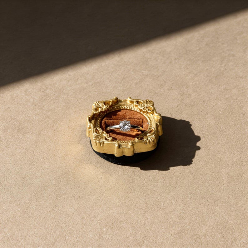 Velvet ring holder with vintage gold frame, engagement ring display. Ring box in multiple colors for wedding and jewelry photography