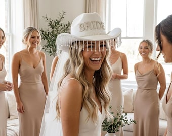 Sombrero de novia vaquero con diamantes de imitación, sombrero western nupcial, sombrero para despedida de soltera, sombrero de novia con flecos, sombrero de boda vaquera, sombrero de señora