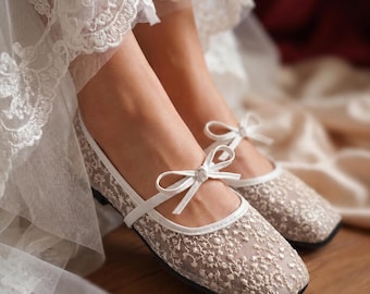 Bridal Lace Flats, Wedding Mary Jane Shoes, Sheer Ballet Flats, Comfortable Bridal Shoes, Minimalist Wedding Flats, Lace Shoes Bride