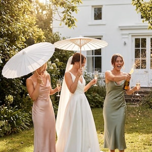 May include: Three women celebrating outdoors, one in a white wedding dress, one in a pale pink dress, and one in a sage green dress. The bride holds a champagne glass and a parasol. The other women hold champagne glasses and parasols. A champagne bottle is being opened.