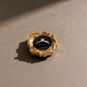 Velvet ring holder with vintage gold frame, engagement ring display. Ring box in multiple colors for wedding and jewelry photography