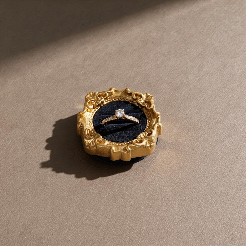 Velvet ring holder with vintage gold frame, engagement ring display. Ring box in multiple colors for wedding and jewelry photography