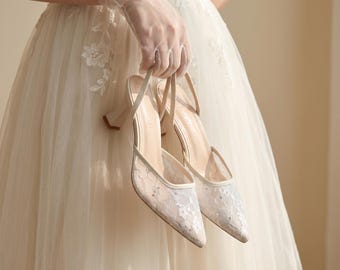 Lace Bridal Slingback Heels, White Wedding Shoes, Black Lace Heels, Pointed Toe Bridal Pumps, Romantic Lace Wedding Shoes
