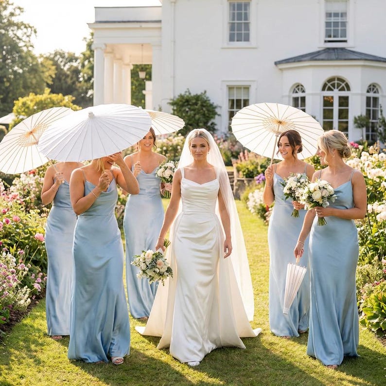 May include: A bride in a white satin wedding gown with a veil walks down a grassy path, followed by bridesmaids in light blue dresses. The bridesmaids carry bouquets and parasols. A large white house is in the background.