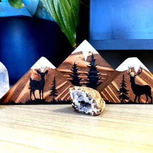 Rustic Mountain Shelf Decor | Hand-Painted Wooden Peaks with Deer & Forest Scene | Woodland Nursery, Office, or Home Accent.