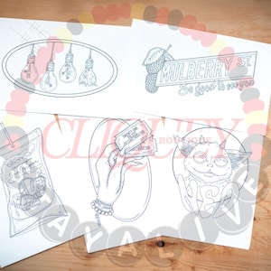 May include: A selection of line art illustrations on white paper. The drawings feature light bulbs, a sign saying "Mulberry St", a drink in a bag, a hand holding tickets, and a creature with the word "Wise".