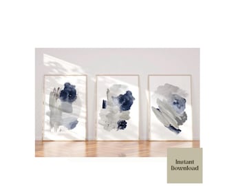 Blue grey and silver abstract art print set of 3, silver abstract print, navy blue abstract prints, grey wall art, digital download