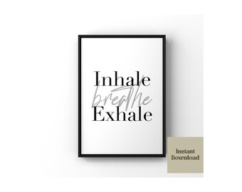 Adem in uit ademen zwart-witte en grijze print, minimale print, meditatie citaat prints, grijze typografie, yoga print, digitale download