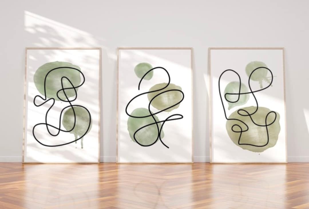 Set De 3 Impressions Murales – Plumes Blanches Sur Fond Vert Sauge, Art Mural Line Art, Déco Intérieur