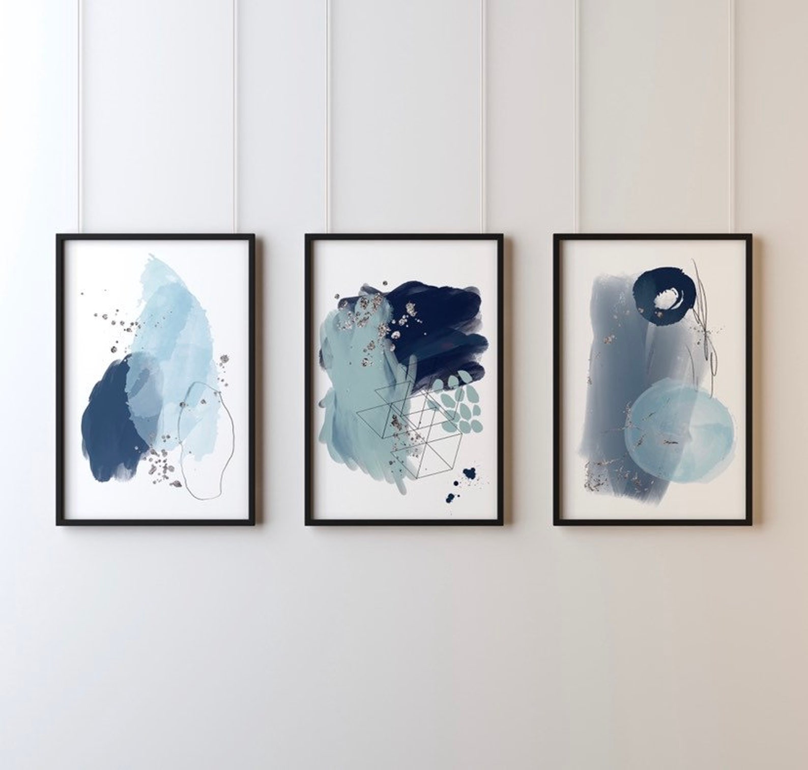 Blue and Silver Abstract Wall Art Print Set of 3 Navy Etsy