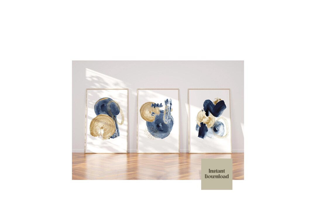 Navy Blue and Gold Abstract Wall Art Print Set of 3, Navy Abstract ...