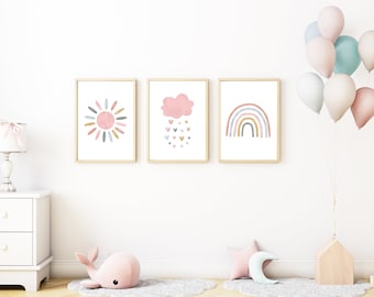 Pink rainbows and sunshine nursery wall art print set of 3, children's nursery bedroom decor