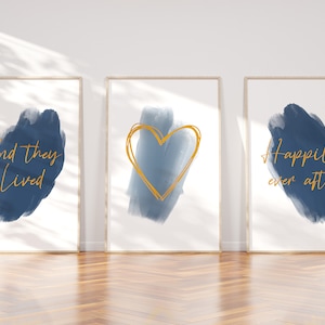 Navy blue and mustard quote wall art, happily ever after, navy mustard prints, love and relationship, typography love quote, unframed prints