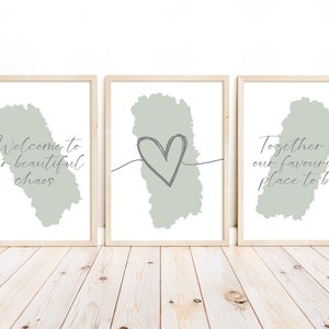 Sage green and grey our favourite place set of 3 prints, welcome to, sage green typography prints, grey wall art, set of 3 unframed prints