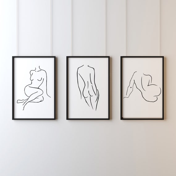 Female Nude Line Drawing Black and White Set of 3 Prints | Etsy