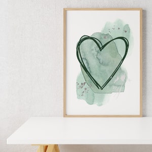 Green and silver love heart print, green wall art, sage heart minimal art print, love heart print, silver splashes, unframed print